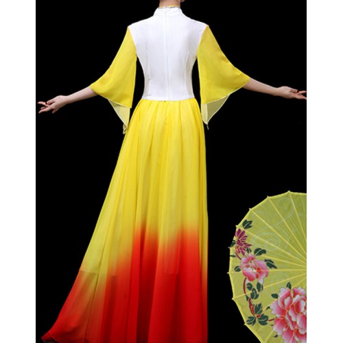 Women's chinese folk dance costumes yellow fan umbrella fairy cosplay dress  red Gradient s color traditional classical dance dresses costumes